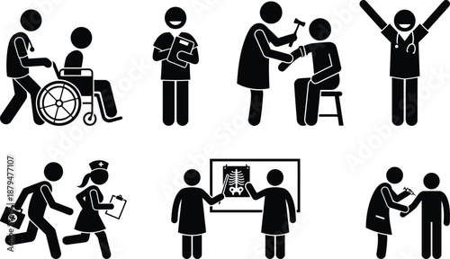 Diverse medical services and healthcare professionals at work in stick figure illustrations