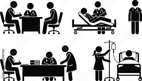 Medical care and patient interaction with doctors and nurses in various hospital settings