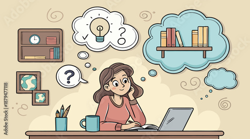 Creative Woman Brainstorming Ideas Thought Bubbles Vector