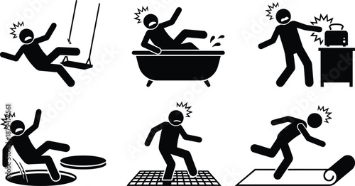 Common domestic and outdoor accidents leading to falls, slips, and electric shocks