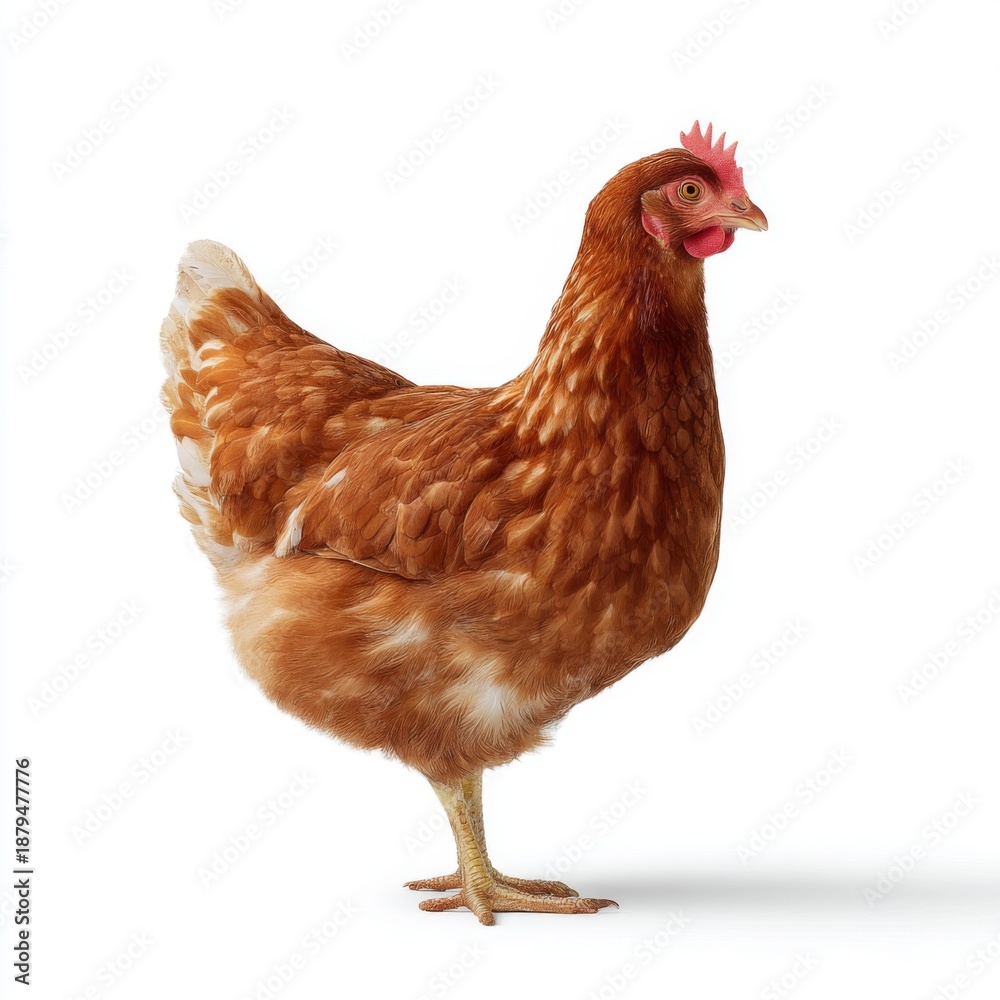Fototapeta premium Brown hen standing gracefully on a clean white backdrop showcasing its feathers and unique characteristics in a studio setting