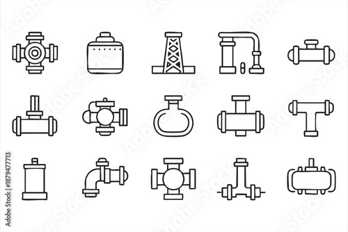 Pipeline and Pressure Valve Line Icons for Energy Infrastructure Design