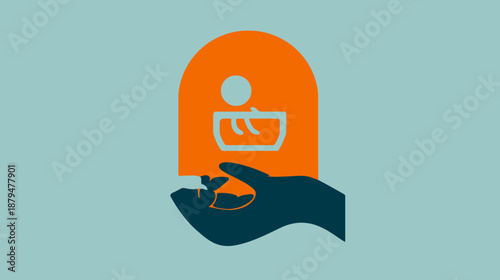 A hand supports an orange arch holding a person, symbolizing care. Colors are teal, orange, and navy