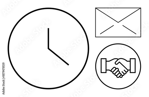 Time management. Clock, handshake, and email time management in business communication. Time management streamlines productivity and cooperation. For offices, teamwork, planning, schedules branding