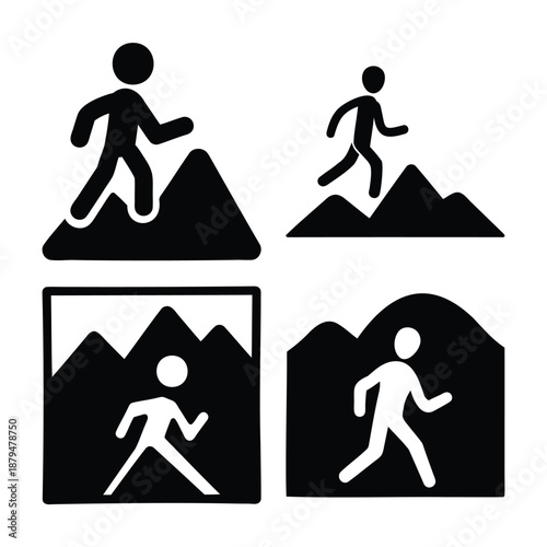 Various icons depicting a person walking or hiking across mountainous terrain