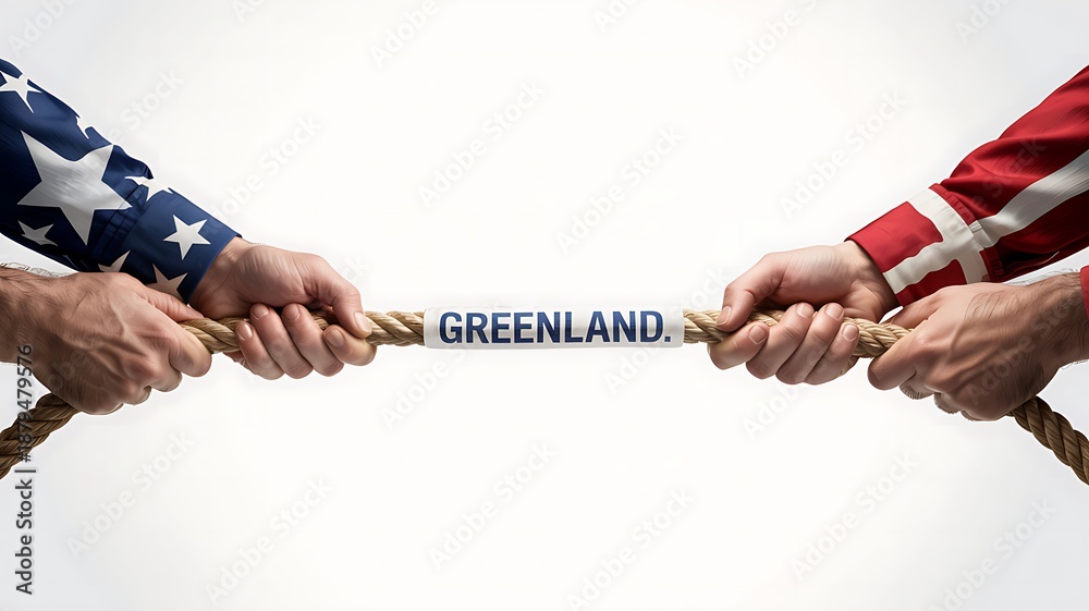 Fototapeta premium Hands representing USA and Denmark fighting over Greenland with rope high quality professional detailed modern elegant stylish clean crisp vibrant colorful