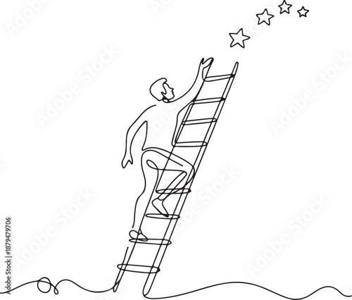 Continuous Line Art Illustration of Man Climbing Ladder Reaching Stars — Minimal Dreamlike Concept