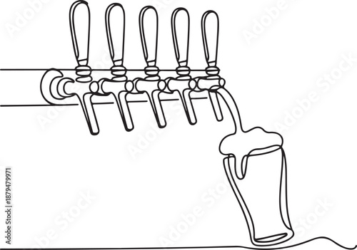 Continuous Line Art Illustration of Tap Handles with Pouring Beer — Minimal Modern Craft Bar Scene
