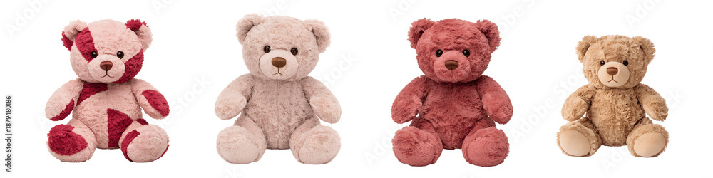 Obraz premium Four cute teddy bears in different colors sitting in a row isolated on transparent background