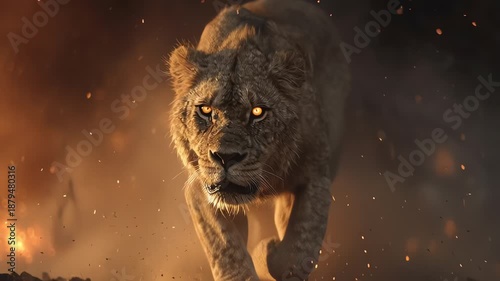 Powerful dangerous lion running in dark explosive scene