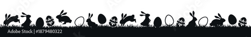 Seamless easter meadow panorama, bunny and egg silhouettes, grass vector border, easter spring banner