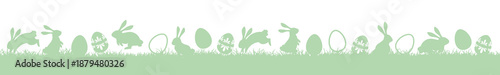 Seamless easter meadow panorama, bunny and egg silhouettes, grass vector border, easter spring banner