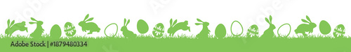 Seamless easter meadow panorama, bunny and egg silhouettes, grass vector border, easter spring banner