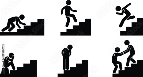 Diverse human experiences represented on stairs: struggle, success, and support