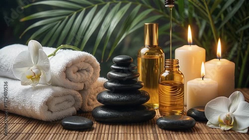 Spa Still Life with Massage Stones, Orchid Flower, and Candles, Spa Relaxation Scene with Massage Stones, Orchid, and Candles