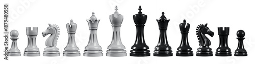 Foto Luxury All Black and White Chess Pieces Set 3d Render on Transparent Background