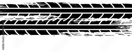 Grunge black tire track mark with rugged texture in a curved shape on white background. Concept of vehicle movement, off-road driving. Vector illustration
