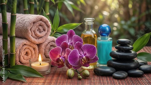Spa Still Life with Massage Stones, Orchid Flower, and Candles, Spa Relaxation Scene with Massage Stones, Orchid, and Candles