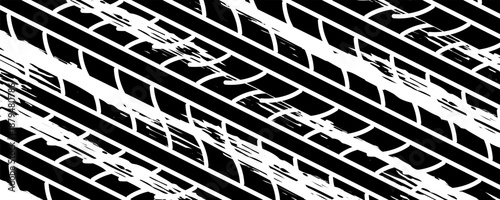 Grunge black tire track mark with rugged texture in a curved shape on white background. Concept of vehicle movement, off-road driving.Eps10