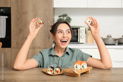 Happy young woman with diff...