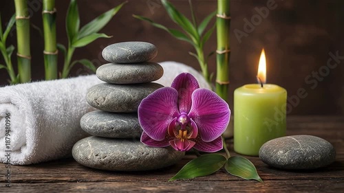 Spa Still Life with Massage Stones, Orchid Flower, and Candles, Spa Relaxation Scene with Massage Stones, Orchid, and Candles