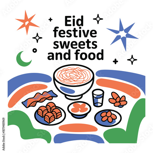 Celebrating eid with traditional sweets and food in a vibrant and festive atmosphere
