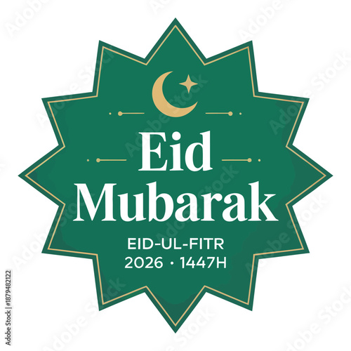 Eid mubarak greeting card design with green badge and golden crescent moon for eid ul fitr celebration