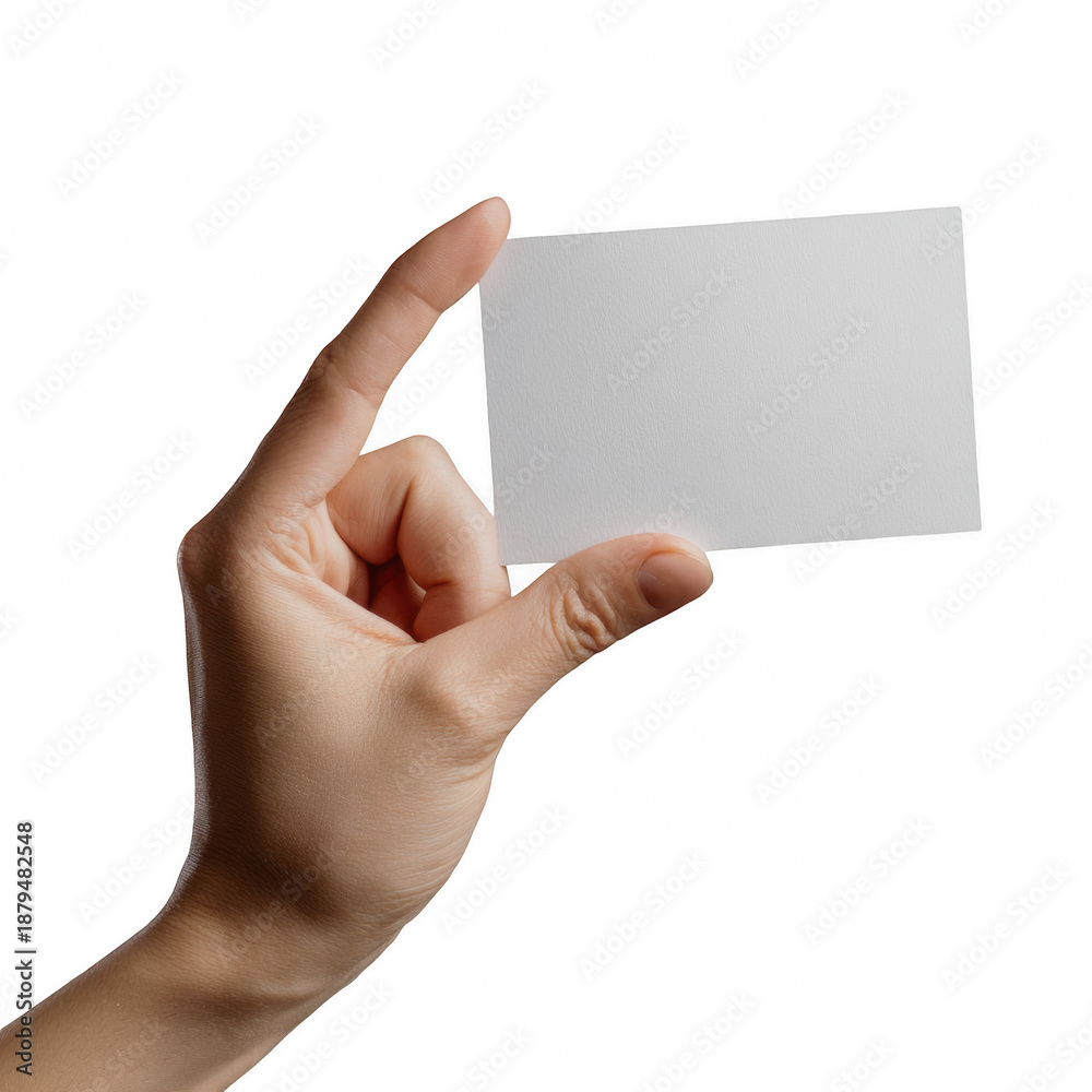 Fototapeta premium A female hand presenting a blank white business card against a dark background