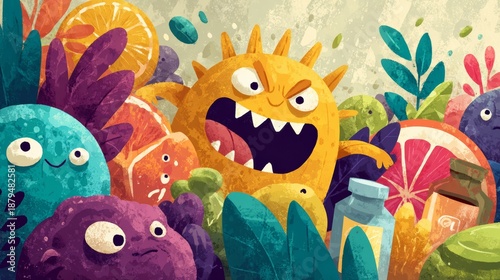 Funny Yellow Cartoon Germ or Virus Monster with Angry Expression