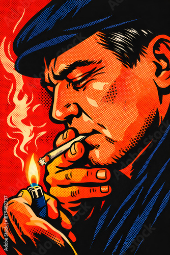 Retro Comic Man Lighting Cigarette in Dramatic Red – Vintage Pop Art Portrait with Cap, Flame and Smoke