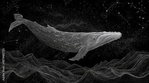 Dreamy Illustration of Whale Floating in Deep Space Background