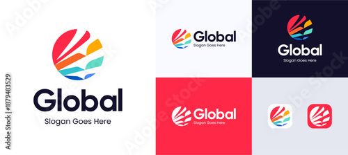 Circular geometric global with colorful sphere shapes, Business logo icon design vector illustration template, Modern abstract symbol world suitable for technology, finance, media and brand identity