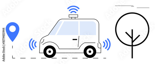 Autonomous vehicle using sensors and GPS pinned for navigation near a tree and road lines. Ideal for transportation, technology, innovation, future mobility, navigation, autonomy, smart cities
