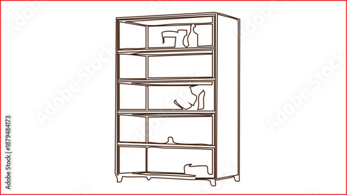 Minimalist Line Art Sketch of a Wooden Bookshelf with Décor Items


