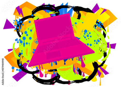 Notebook, laptop graffiti. Abstract modern street art decoration performed in urban painting style.