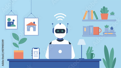 Robot sitting at a desk with a laptop and a smartphone surrounded by plants and an office computer