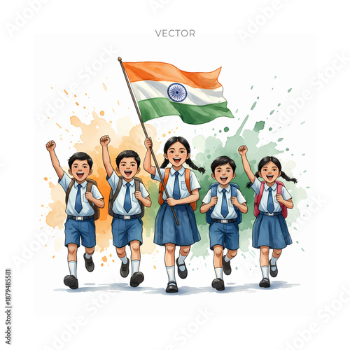 Republic Day of India background, Children Holding Indian tricolour flag and celebrating freedom festival.