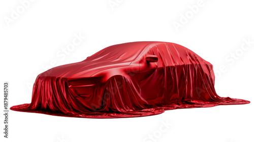 A new luxury car covered in a vibrant red silk cloth on a dark background