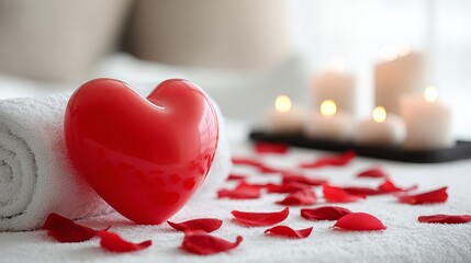 Romantic spa setting with red heart balloon and rose petals on massage table, soft warm lighting, wellness treatment room interior, Valentine’s Day promotion concept with copy space