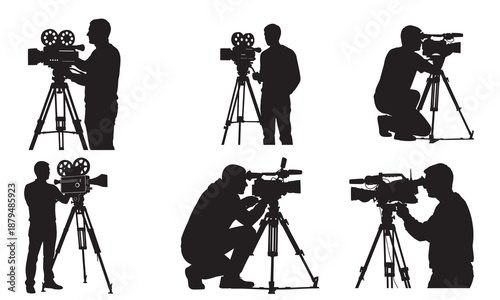 Videographer silhouettes with vintage and modern cameras on tripods.