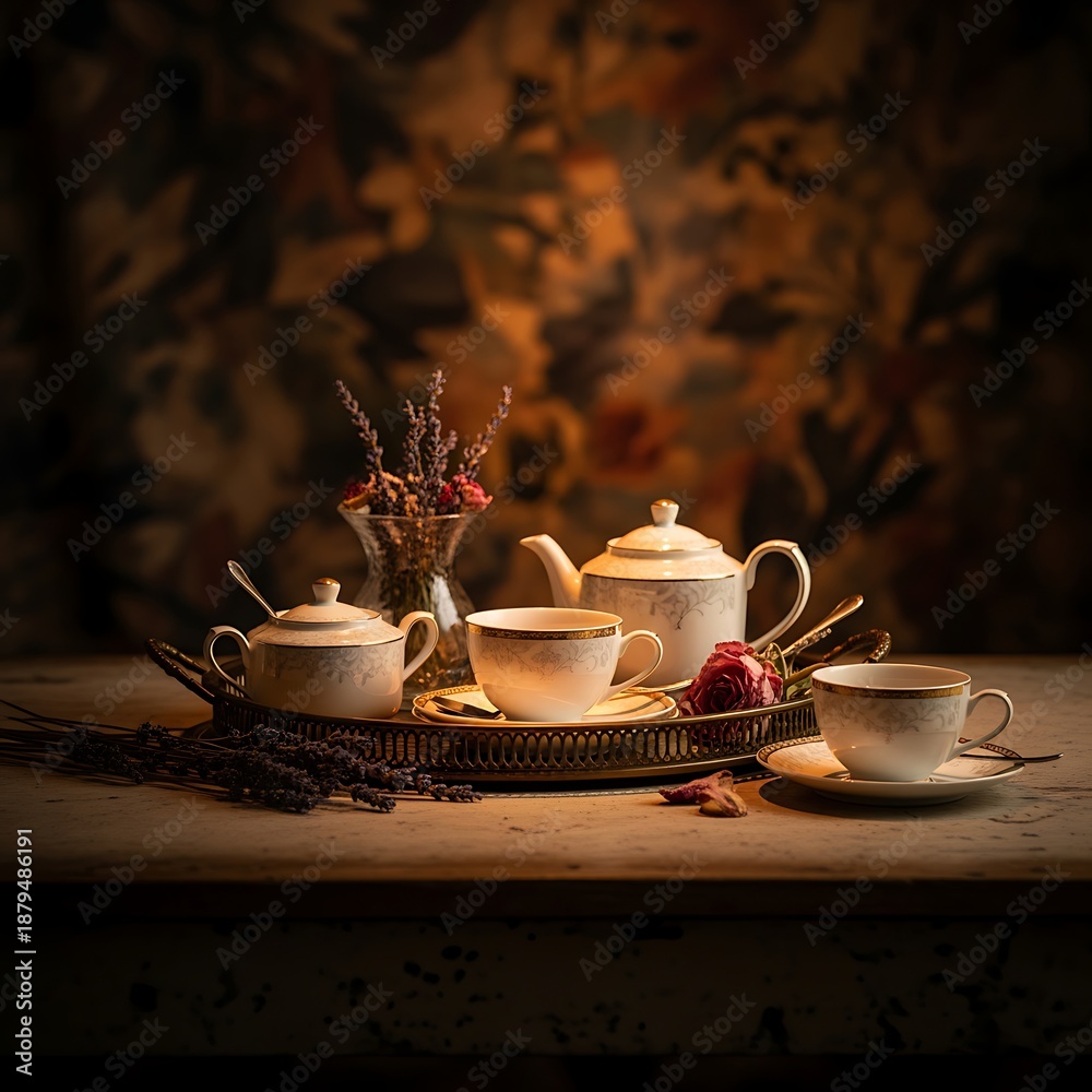 Fototapeta premium Elegant Vintage Tea Set with Floral Decoration on Rustic Table in Warm Ambient Light