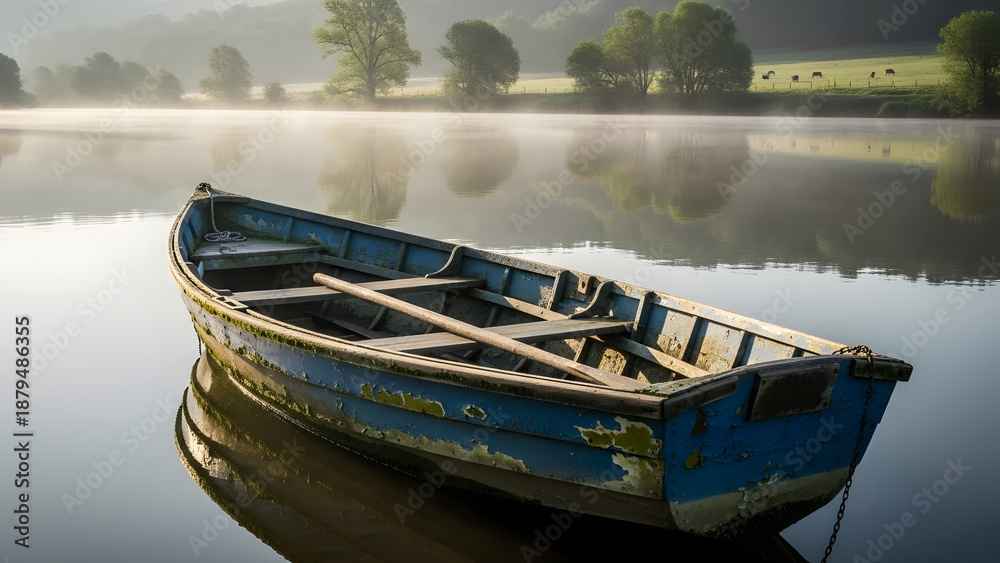 Obraz premium Weathered Blue Wooden Rowboat Idly Floating on a Tranquil Misty Lake in Early Morning Light.