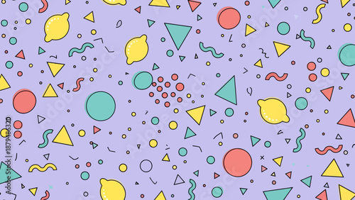 Vibrant hipsters Memphis style gathering with geometric shapes and abstract elements in a lively urban setting