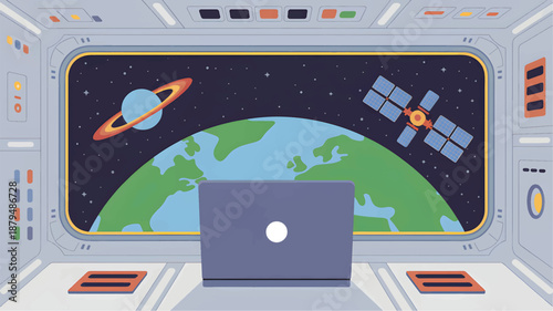 Spaceship control room with a laptop and a view of the Earth, a planet, anda  satellite in space