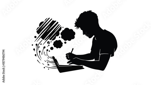 Young person silhouetted, deeply focused on laptop, with creative ideas flowing