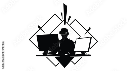 Person immersed in virtual reality with computer setup, symbolizing future technology and innovation.