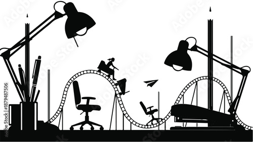 Whimsical office scene with a rollercoaster of desk items symbolizing work chaos and creativity.