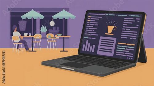 Purple laptop screen with graphs and coffee cup on table in cafe computer tablet coffee shop