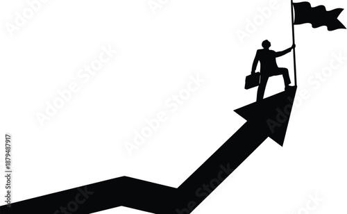Silhouette of a determined businessman planting a victory flag atop a sharp upward trending arrow symbolizing achievement and career progress