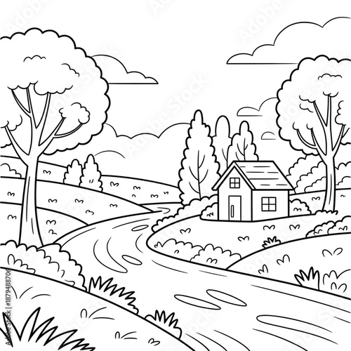 Peaceful Countryside River House Coloring Page – Scenic Nature Landscape Line Art
